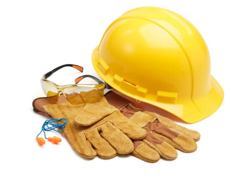 hardhat, safety gloves, goggles, and earplugs
