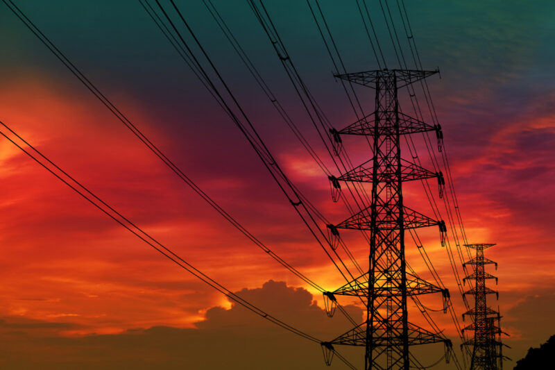 silhouette power electric pole and electric line colorful sunset sky