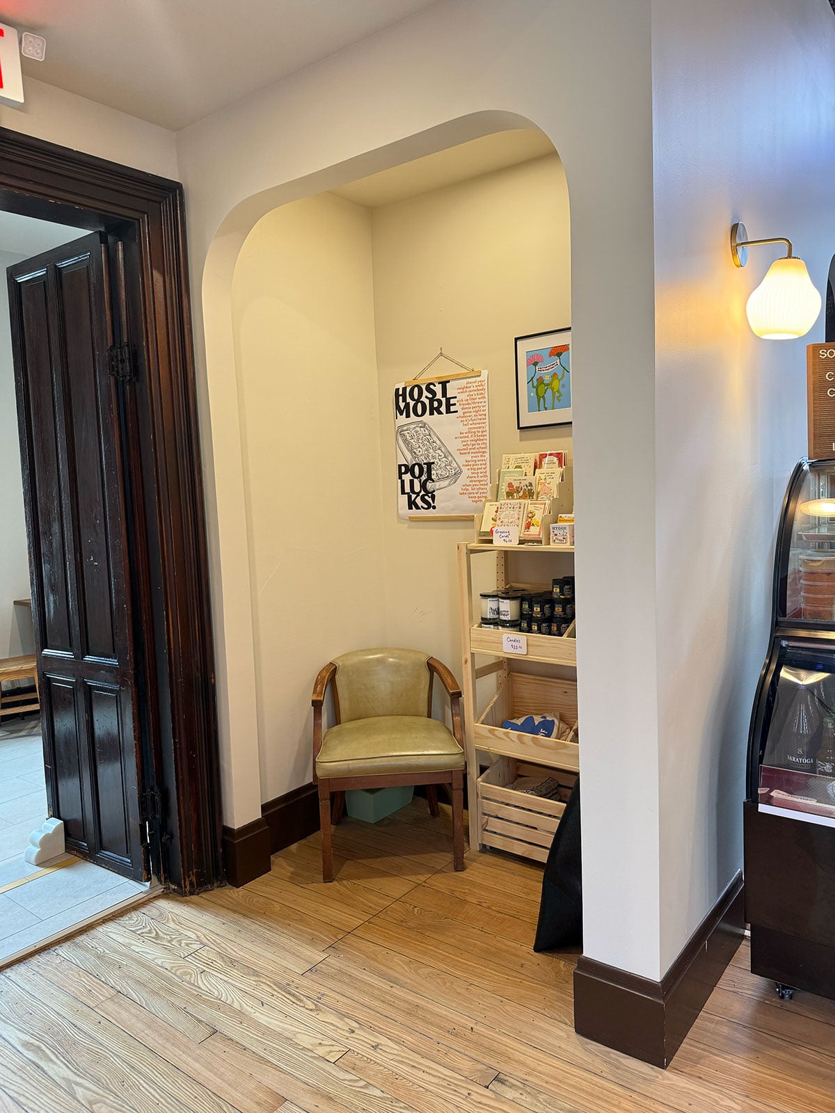 cafe entryway wood door shelving indianapolis
